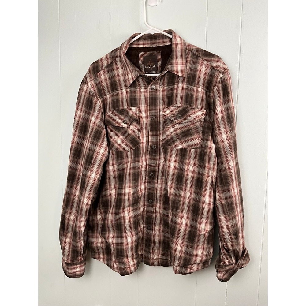 prAna Mens Organic Cotton Plaid Lined Flannel Shirt Brown Red Medium